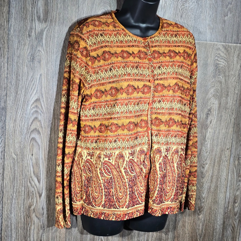 Pleat Pleat by Rafael Top & Cardigan Set Paisley Print Gold Brown Long Sleeve‎ L